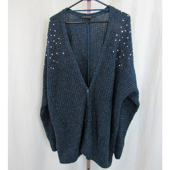 Lane Bryant 22/24 Open Knit Cardigan Blue Black Metallic Wool Blend Plus Size - Picture 1 of 4